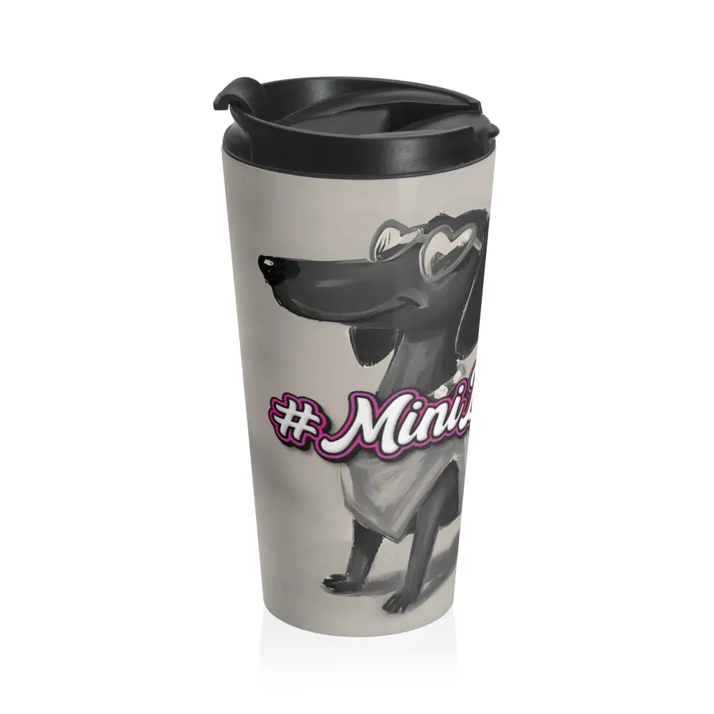 Exclusive Sweet Roo Bou dachshund travel mug with double-wall insulation and secure lid. Holds 15 oz. Dishwasher safe
