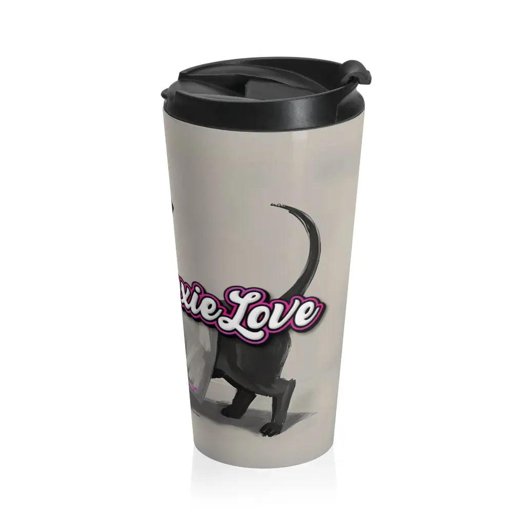 Exclusive Sweet Roo Bou dachshund travel mug with double-wall insulation and secure lid. Holds 15 oz. Dishwasher safe