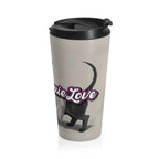 Exclusive Sweet Roo Bou dachshund travel mug with double-wall insulation and secure lid. Holds 15 oz. Dishwasher safe
