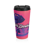 Purple Reign travel mug with exclusive Sweet Roo Bou dachshund art. 15 oz insulated stainless steel design fits most