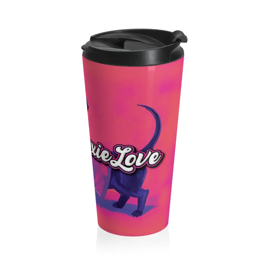 Purple Reign travel mug with exclusive Sweet Roo Bou dachshund art. 15 oz insulated stainless steel design fits most
