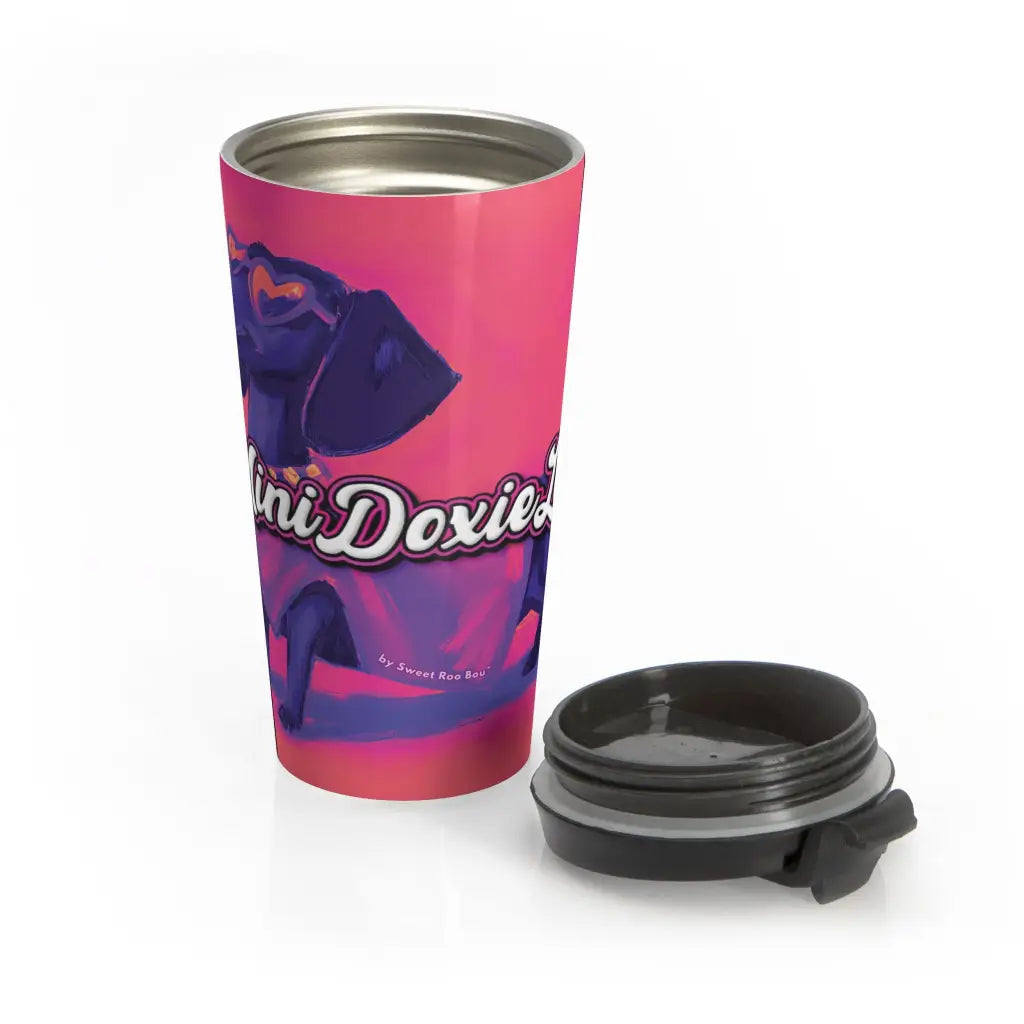 Purple Reign travel mug with exclusive Sweet Roo Bou dachshund art. 15 oz insulated stainless steel design fits most