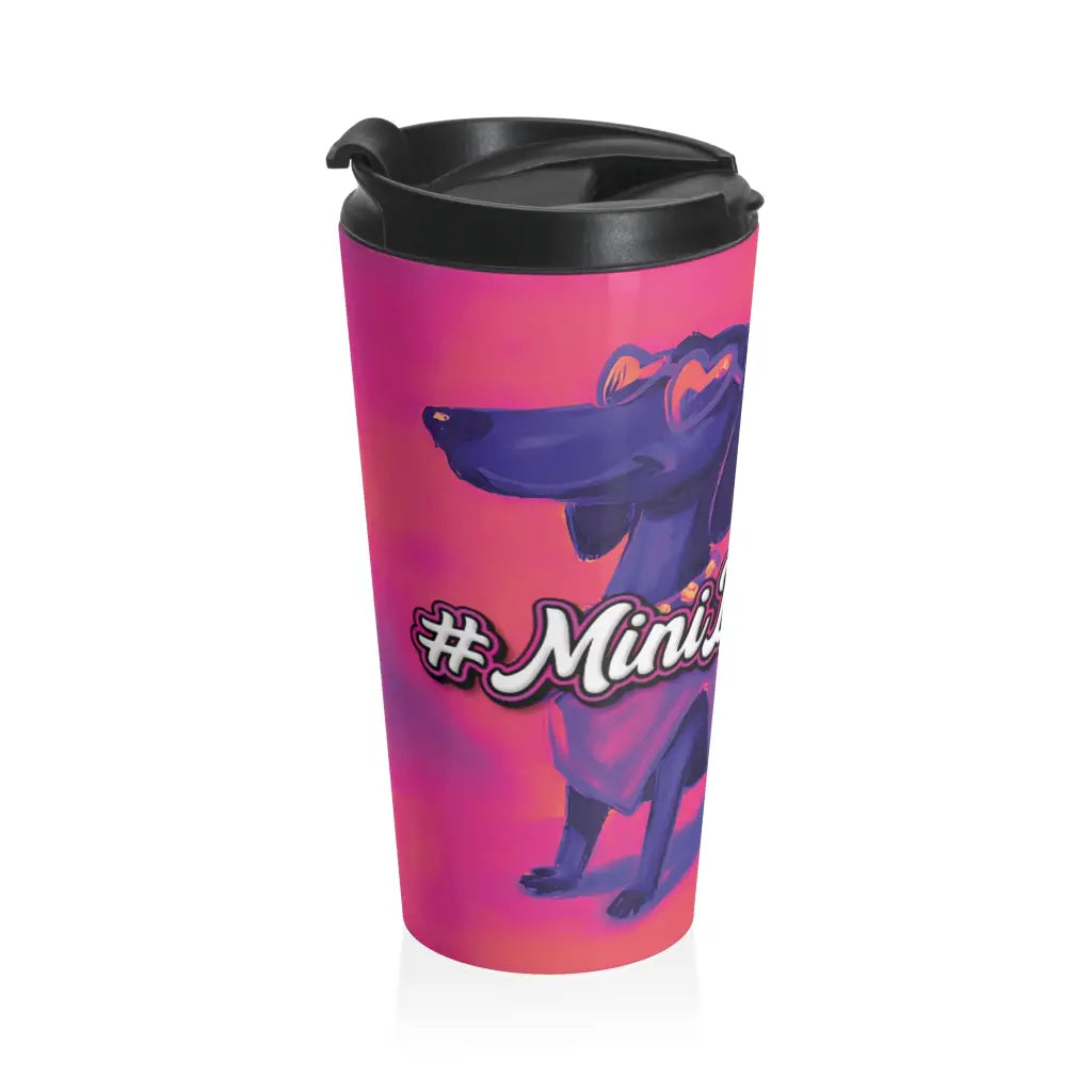 Purple Reign travel mug with exclusive Sweet Roo Bou dachshund art. 15 oz insulated stainless steel design fits most