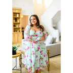 Floral chiffon mini dress in mint with pink blooms. Includes pockets! Now plus sizes. Perfect for spring styling