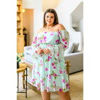 Floral chiffon mini dress in mint with pink blooms. Includes pockets! Now plus sizes. Perfect for spring styling