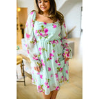 Floral chiffon mini dress in mint with pink blooms. Includes pockets! Now plus sizes. Perfect for spring styling