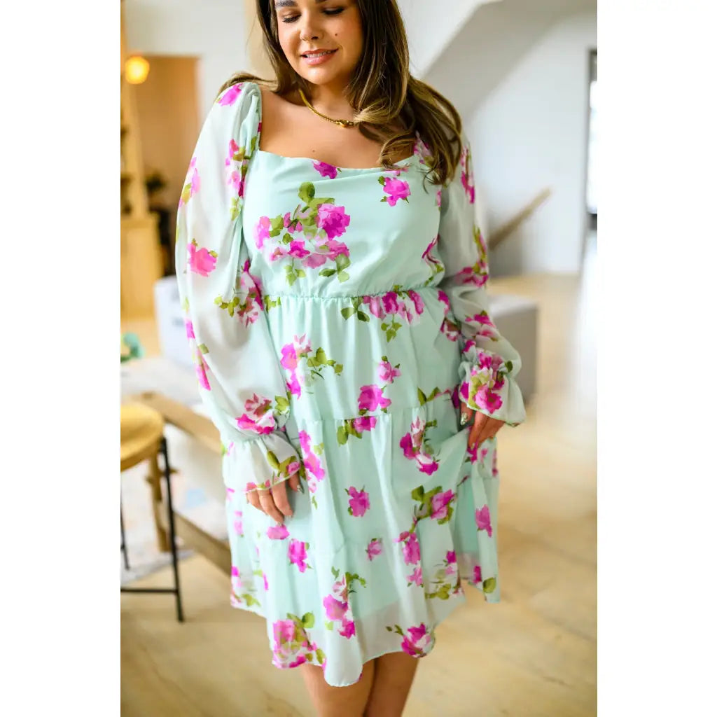 Floral chiffon mini dress in mint with pink blooms. Includes pockets! Now plus sizes. Perfect for spring styling