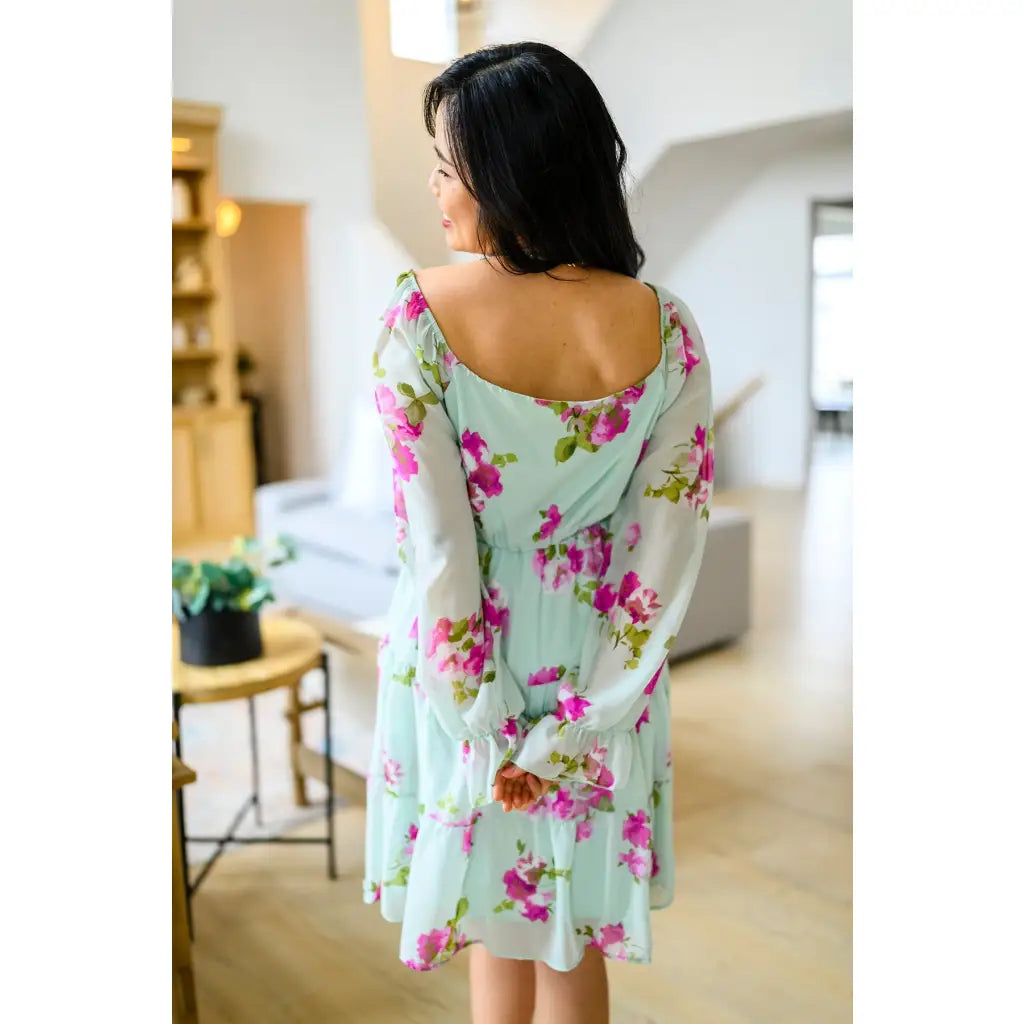 Floral chiffon mini dress in mint with pink blooms. Includes pockets! Now plus sizes. Perfect for spring styling
