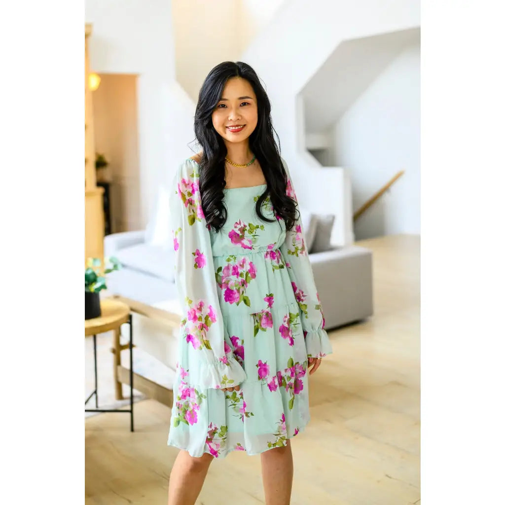 Floral chiffon mini dress in mint with pink blooms. Includes pockets! Now plus sizes. Perfect for spring styling