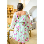 Floral chiffon mini dress in mint with pink blooms. Includes pockets! Now plus sizes. Perfect for spring styling