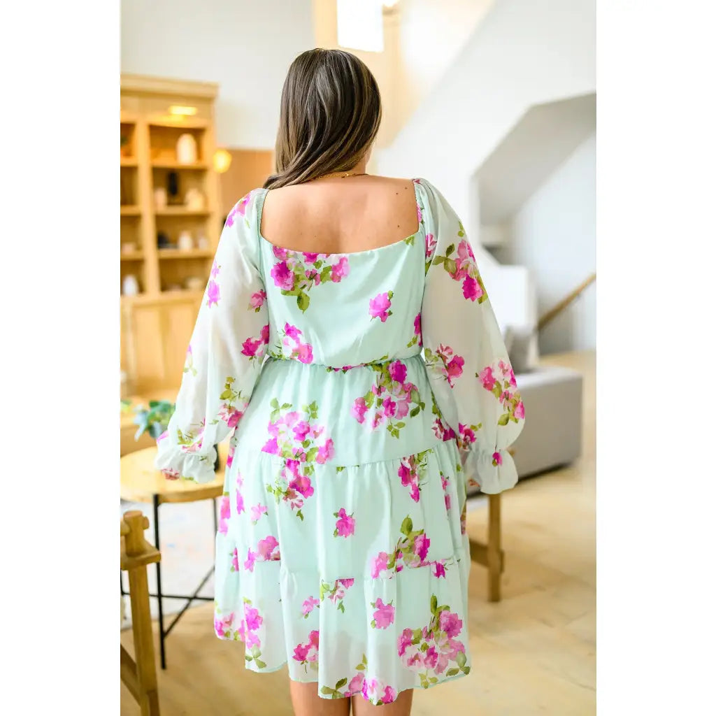 Floral chiffon mini dress in mint with pink blooms. Includes pockets! Now plus sizes. Perfect for spring styling