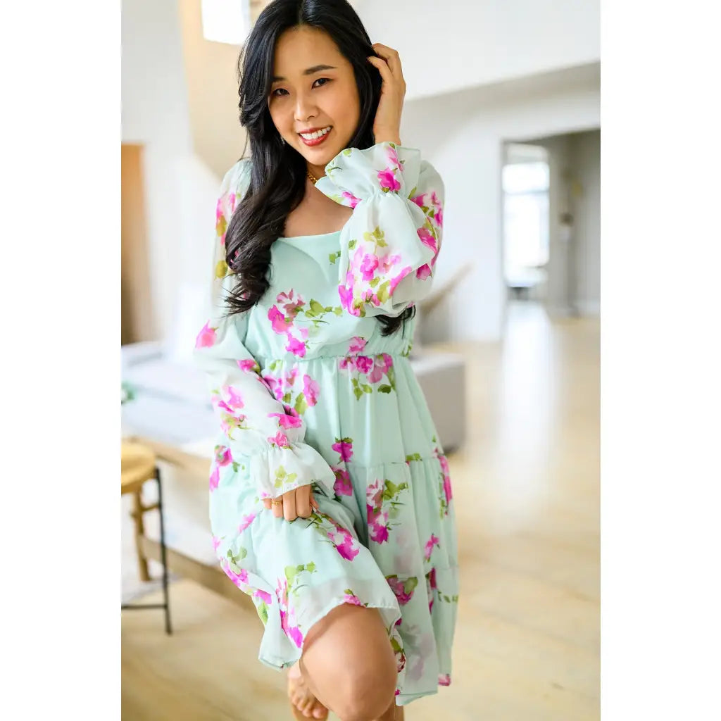 Floral chiffon mini dress in mint with pink blooms. Includes pockets! Now plus sizes. Perfect for spring styling