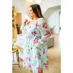 Floral chiffon mini dress in mint with pink blooms. Includes pockets! Now plus sizes. Perfect for spring styling