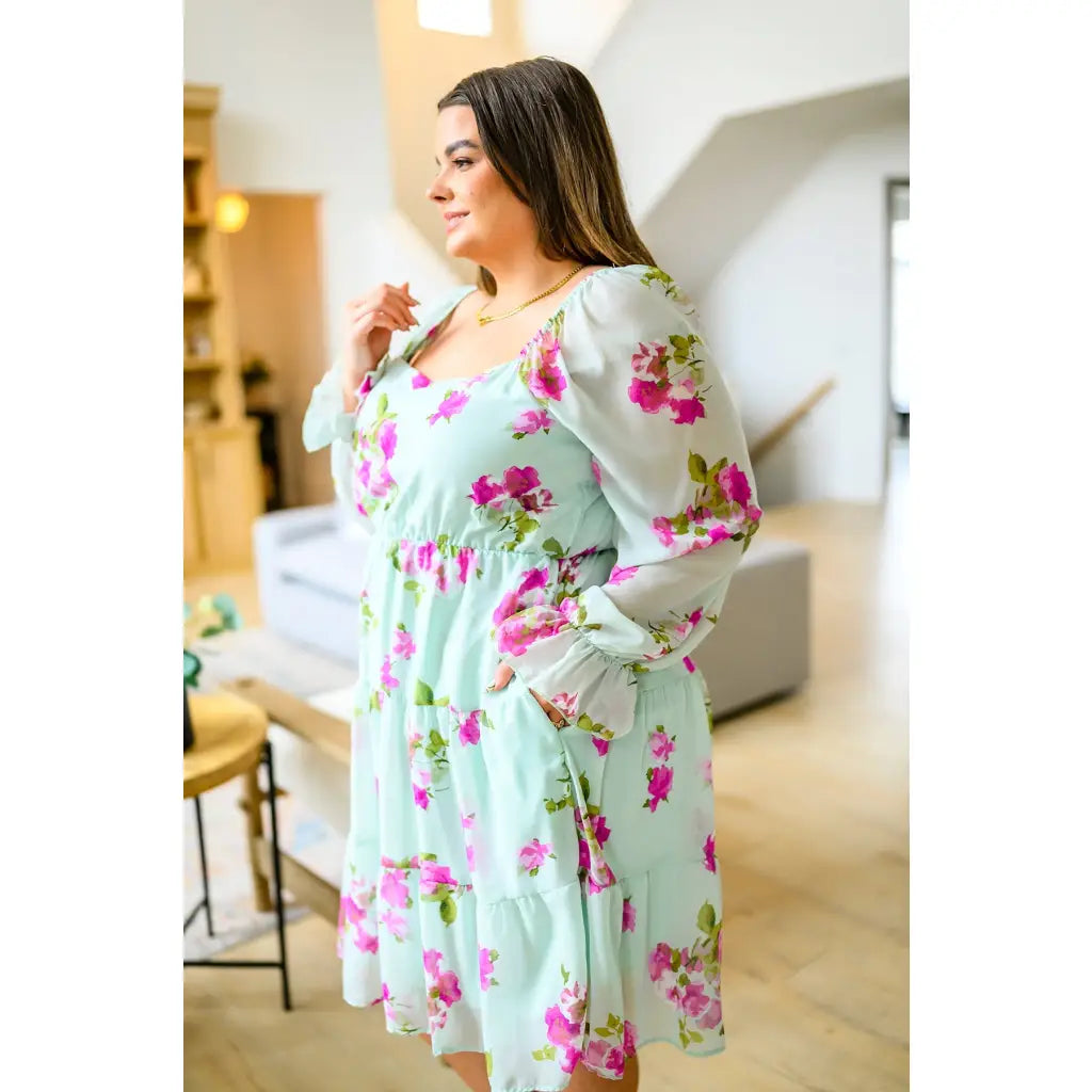 Floral chiffon mini dress in mint with pink blooms. Includes pockets! Now plus sizes. Perfect for spring styling