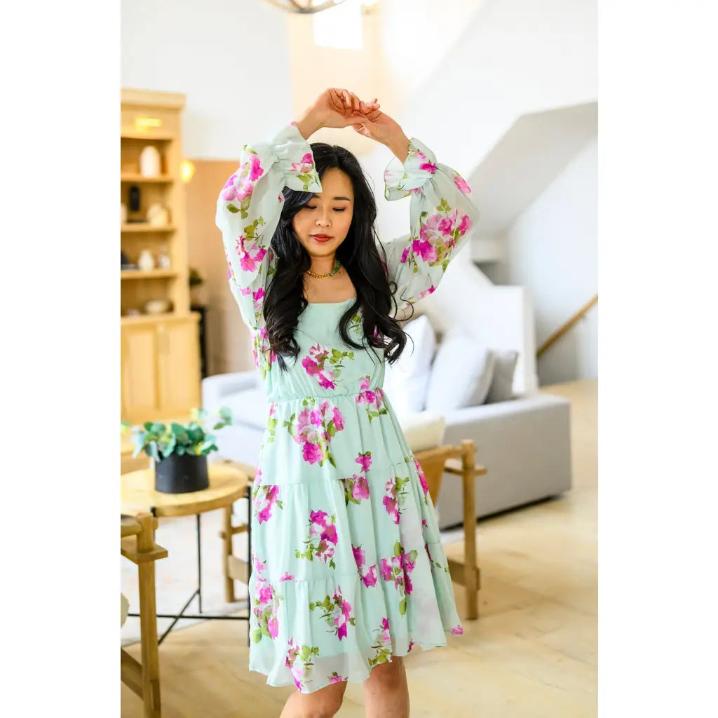 Floral chiffon mini dress in mint with pink blooms. Includes pockets! Now plus sizes. Perfect for spring styling