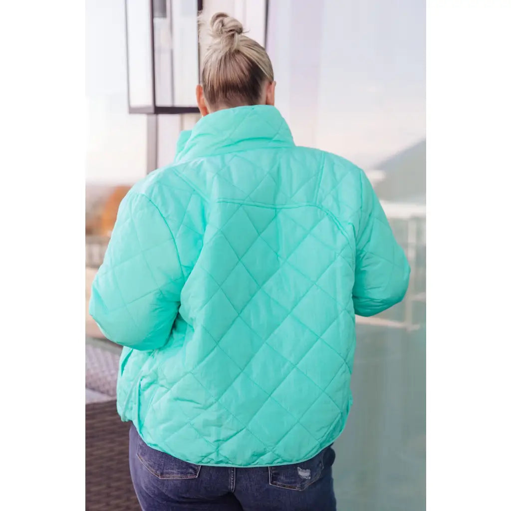 Mint quilted puffer jacket with mock neck and snap front. Plus sizes available. Slightly oversized fit cozy boutique