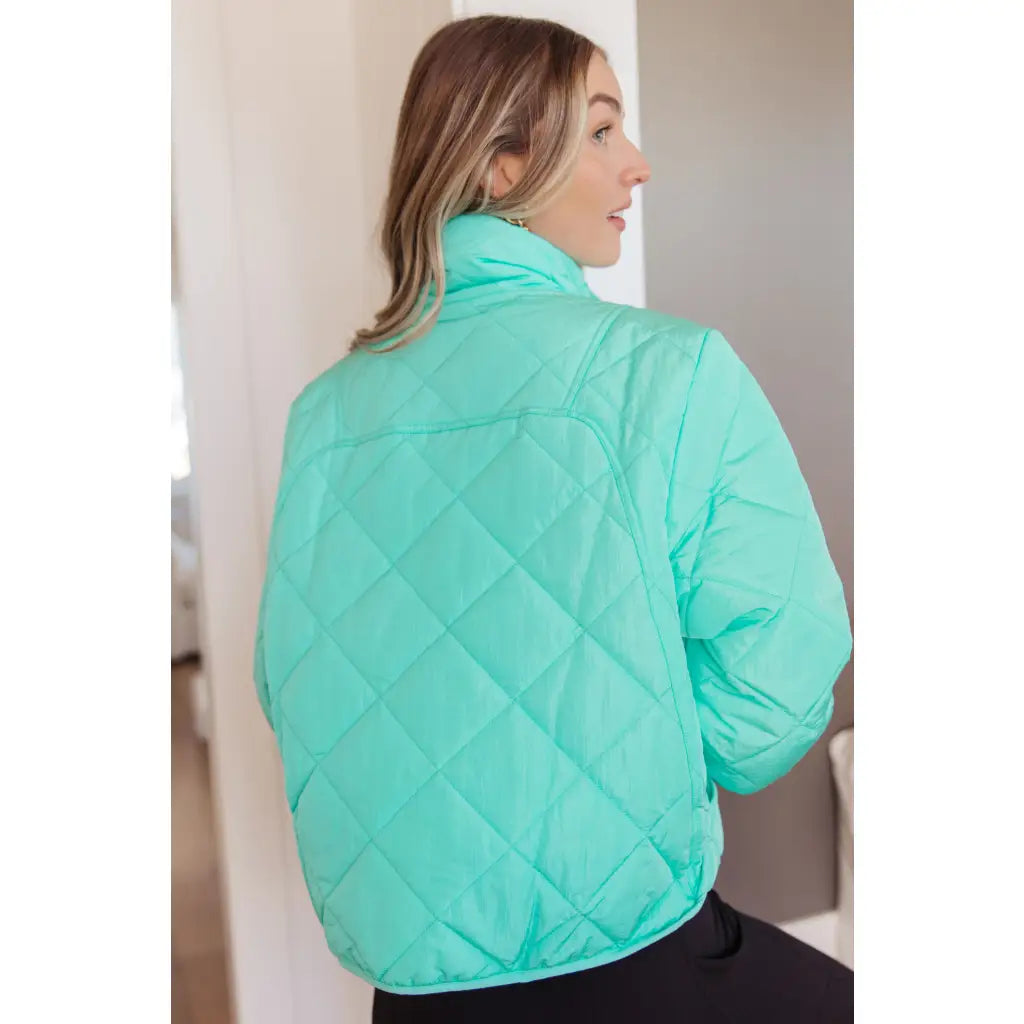 Mint quilted puffer jacket with mock neck and snap front. Plus sizes available. Slightly oversized fit cozy boutique