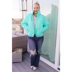 Mint quilted puffer jacket with mock neck and snap front. Plus sizes available. Slightly oversized fit cozy boutique