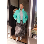 Mint quilted puffer jacket with mock neck and snap front. Plus sizes available. Slightly oversized fit cozy boutique