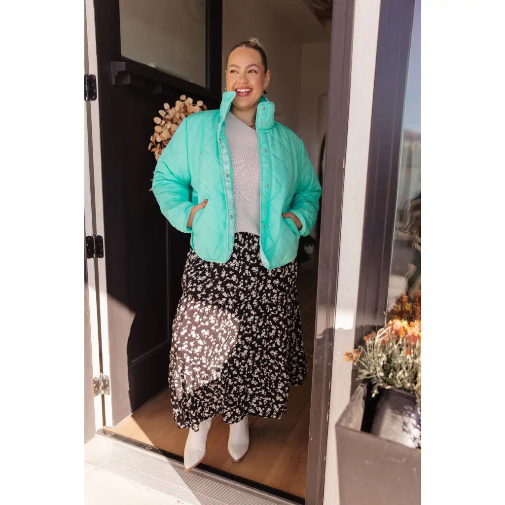 Mint quilted puffer jacket with mock neck and snap front. Plus sizes available. Slightly oversized fit cozy boutique