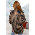 Stay cozy in the mocha latte and black checkered shacket with brushed woven fabric exposed seams a relaxed fit. Plus