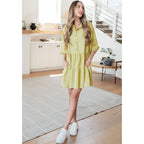 Boujee tiered muted honey mini dress with puff sleeves and pockets. Flowy flattering plus size curvy friendly. Ships