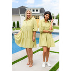 Boujee tiered muted honey mini dress with puff sleeves and pockets. Flowy flattering plus size curvy friendly. Ships