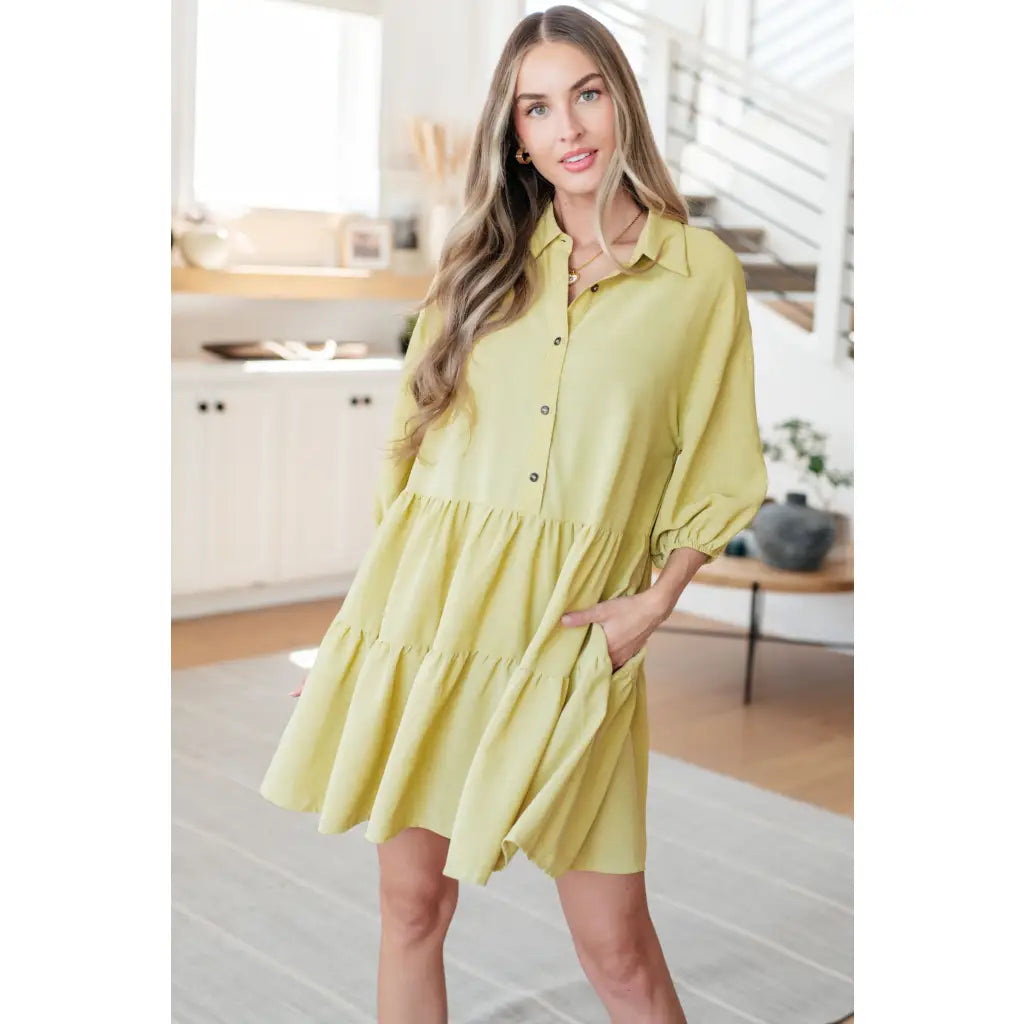 Boujee tiered muted honey mini dress with puff sleeves and pockets. Flowy flattering plus size curvy friendly. Ships