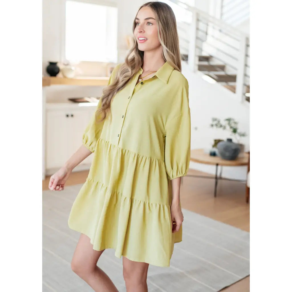 Boujee tiered muted honey mini dress with puff sleeves and pockets. Flowy flattering plus size curvy friendly. Ships