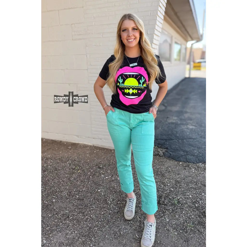 Turn heads in our black desert lips tee with vibrant neon detail. Soft stretch unisex fit plus sizes SM–3XL. Ships fast