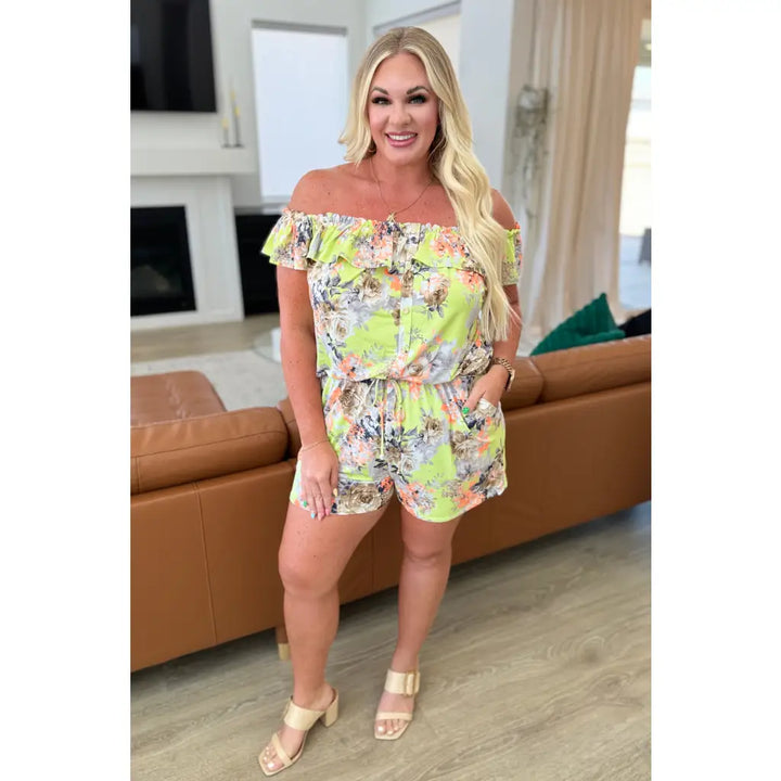 Off Shoulder Romper in Lime Floral - Jumpsuits & Rompers