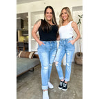 Our Patch Pockets Distressed Straight Judy Blue Jeans feature a light blue wash in fabulous stretchy denim for added