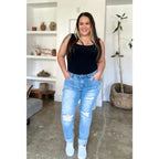 Our Patch Pockets Distressed Straight Judy Blue Jeans feature a light blue wash in fabulous stretchy denim for added