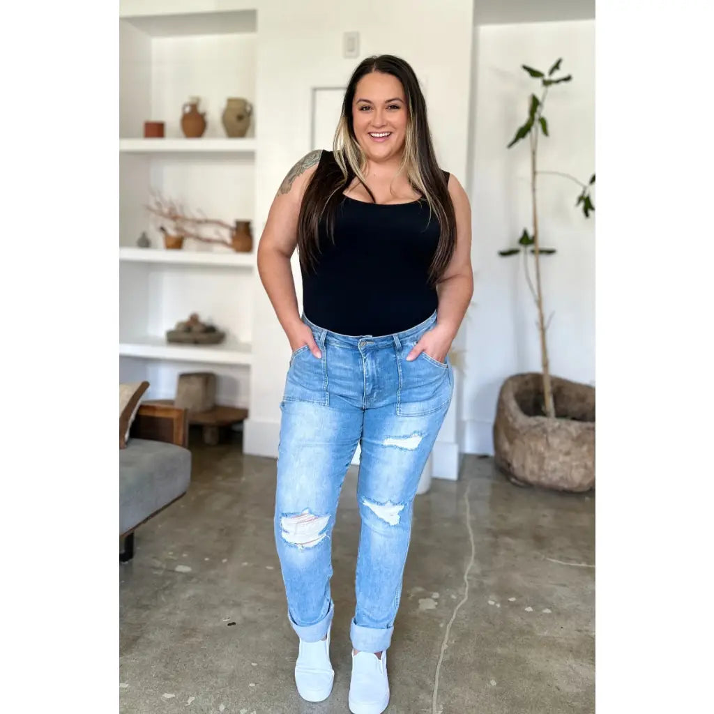 Our Patch Pockets Distressed Straight Judy Blue Jeans feature a light blue wash in fabulous stretchy denim for added