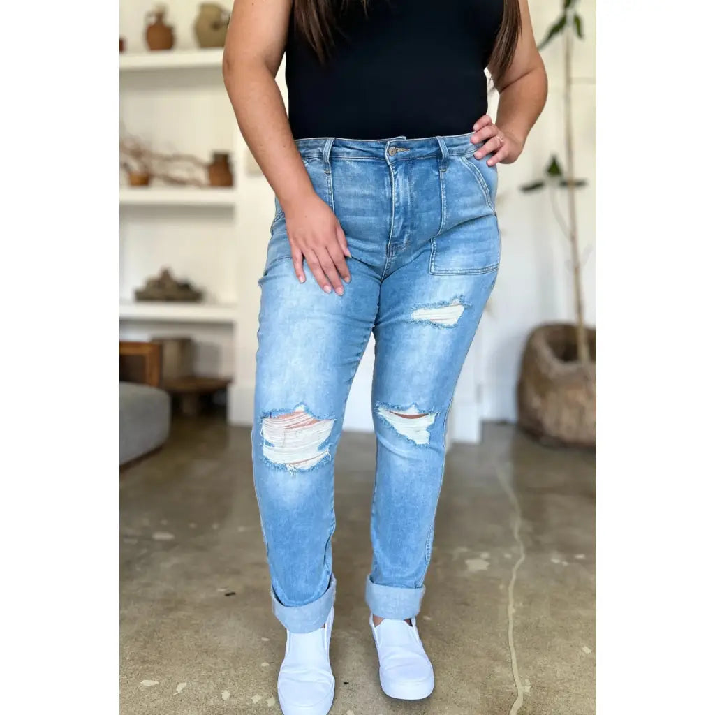 Our Patch Pockets Distressed Straight Judy Blue Jeans feature a light blue wash in fabulous stretchy denim for added