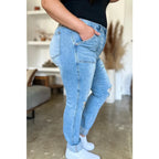 Our Patch Pockets Distressed Straight Judy Blue Jeans feature a light blue wash in fabulous stretchy denim for added