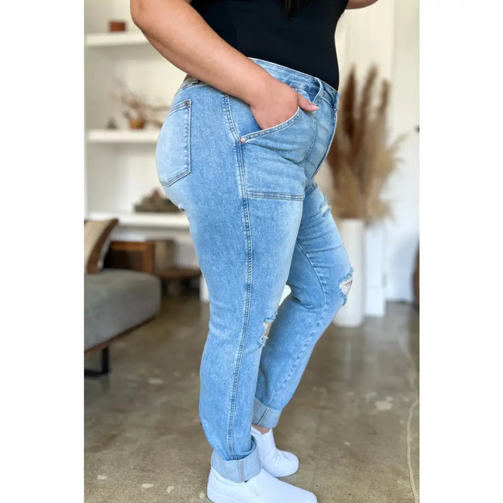 Patch Pockets Distressed Straight Judy Blue Jeans - Denim