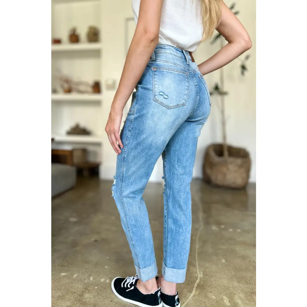 Our Patch Pockets Distressed Straight Judy Blue Jeans feature a light blue wash in fabulous stretchy denim for added