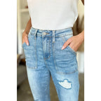 Our Patch Pockets Distressed Straight Judy Blue Jeans feature a light blue wash in fabulous stretchy denim for added