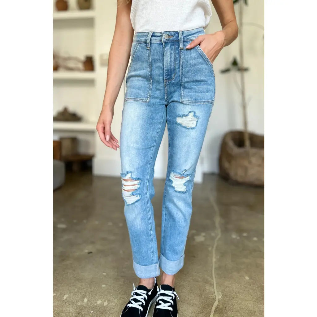 Our Patch Pockets Distressed Straight Judy Blue Jeans feature a light blue wash in fabulous stretchy denim for added