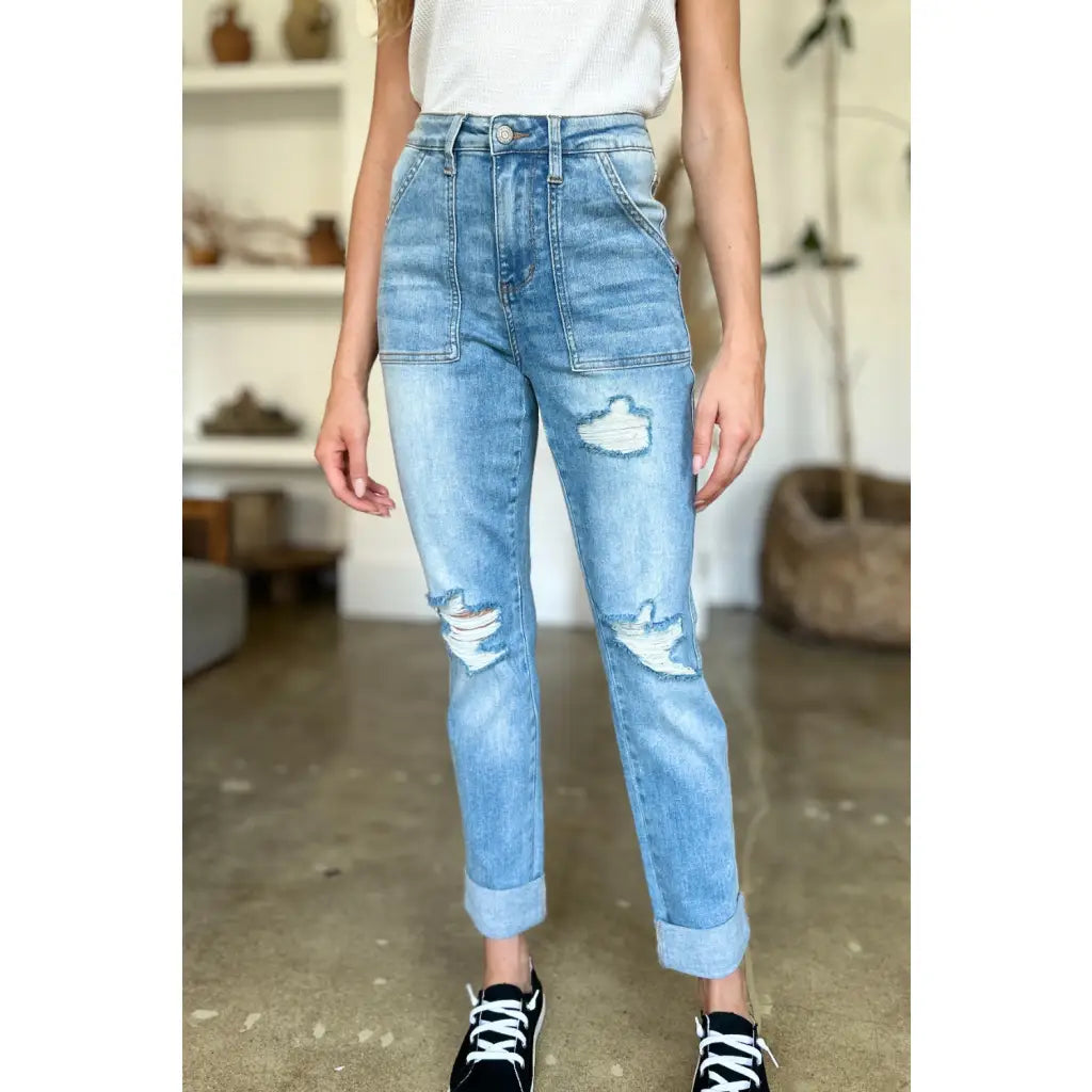 Our Patch Pockets Distressed Straight Judy Blue Jeans feature a light blue wash in fabulous stretchy denim for added