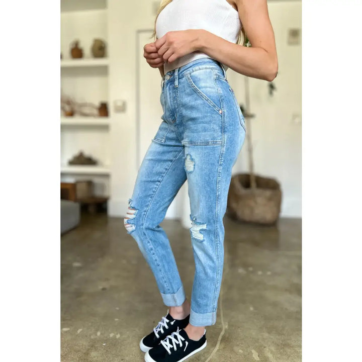 Patch Pockets Distressed Straight Judy Blue Jeans - Denim