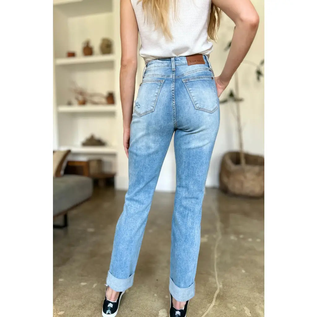Our Patch Pockets Distressed Straight Judy Blue Jeans feature a light blue wash in fabulous stretchy denim for added