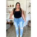 Our Patch Pockets Distressed Straight Judy Blue Jeans feature a light blue wash in fabulous stretchy denim for added