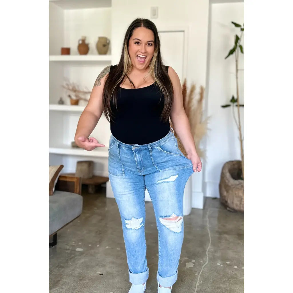 Our Patch Pockets Distressed Straight Judy Blue Jeans feature a light blue wash in fabulous stretchy denim for added