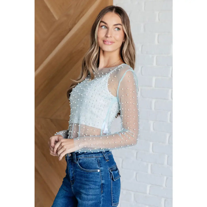 Pearl Diver Mesh Layering Top in Light Cyan - Womens