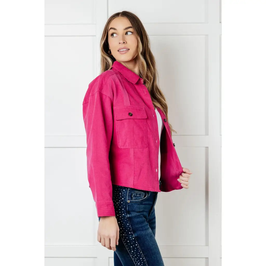 This Perfect Pop of Pink Corduroy Jacket is a quick and easy way to update your look! Great for layering