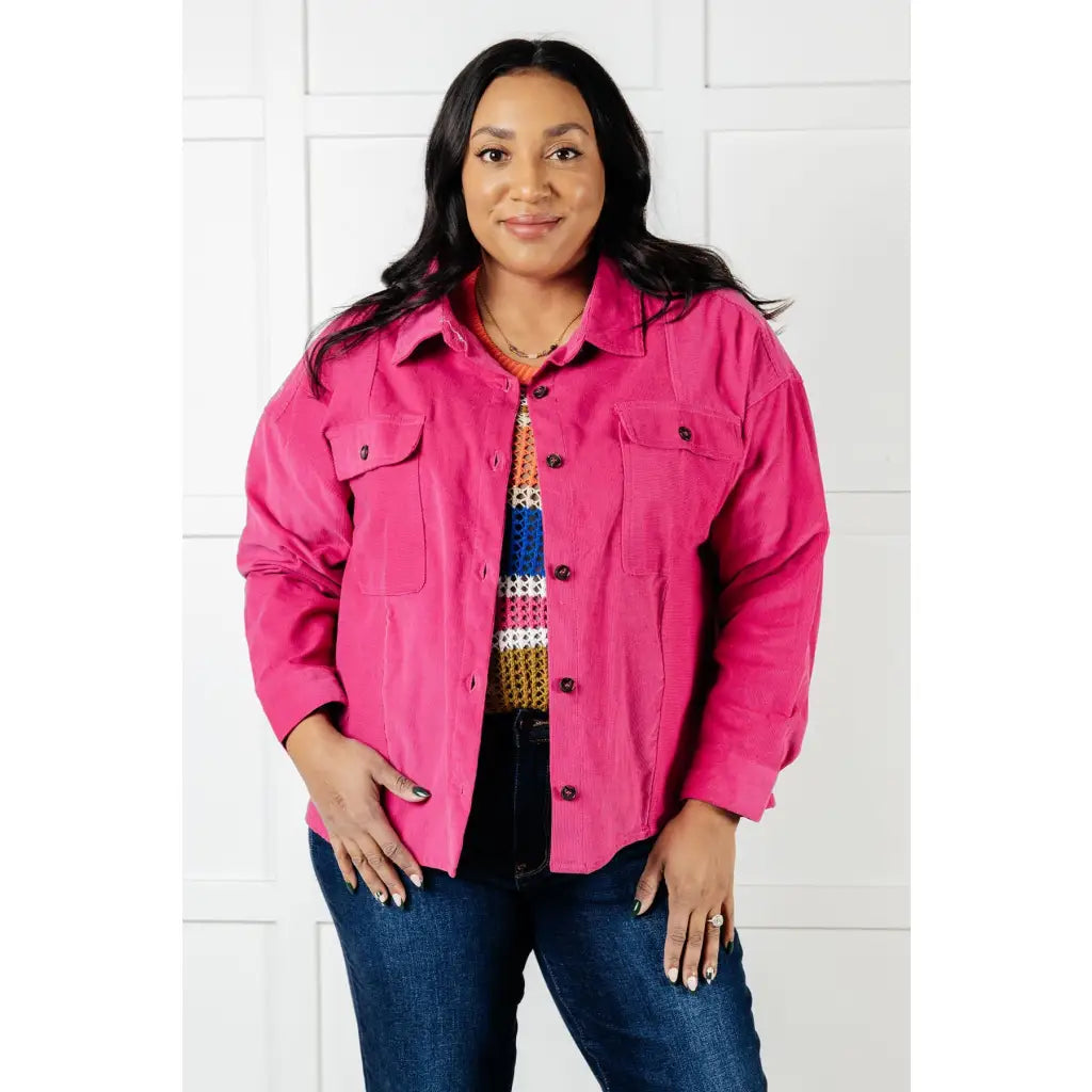 This Perfect Pop of Pink Corduroy Jacket is a quick and easy way to update your look! Great for layering