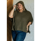 Our Perfectly Poised Hooded Poncho is crafted from a soft olive lightweight and stretchy. ribbed jersey knit.