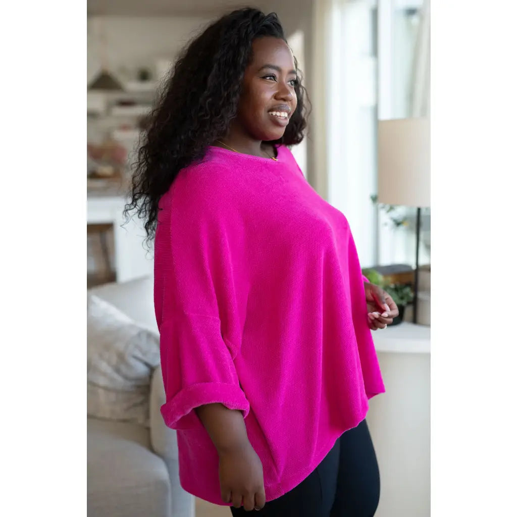 Wrap yourself in comfort with our Pink Thoughts Chenille Top. Featuring a cozy chenille knit round neckline drop